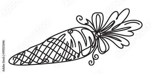 Stylized black line art carrot illustration with a decorative crosshatch pattern and an ornamental leafy top with elegant swirls, drawn in a simple, minimalist graphic style