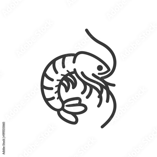 A stylized black and white illustration of a single shrimp