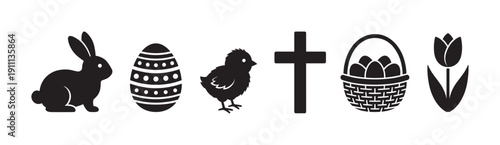 Black silhouette icons for the Easter holiday featuring a rabbit, chick, decorated egg, Christian cross, basket, and tulip in a minimalist and modern graphic illustration style