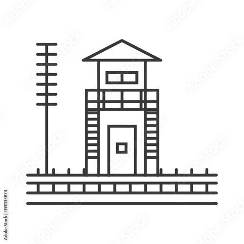 A linear illustration featuring a watchtower beside railroad tracks