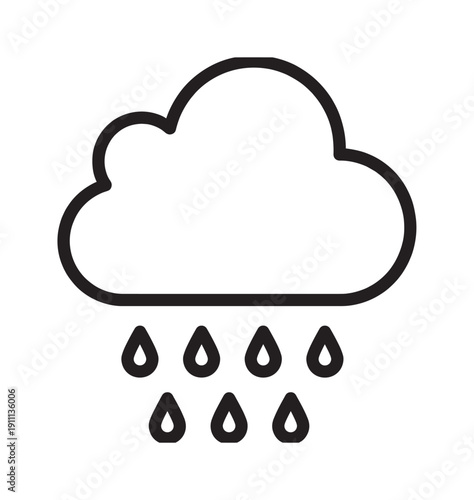 Black line art weather icon of a rain cloud with falling raindrops, symbolizing a downpour or rainy forecast in a simple, minimalist graphic design for a user interface