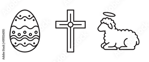 Set of three religious Easter icons including a decorated egg, a Christian cross, and the Lamb of God with a halo, depicted in a simple black and white line art illustration
