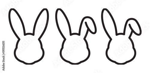 Three black outline rabbit head silhouettes with long ears, some flopped over, are depicted in a simple, minimalist line art style for Easter holiday decoration