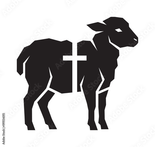 Black geometric lamb silhouette with a white cross on its side, symbolizing the Lamb of God in a minimalist and modern Christian graphic design style for religious concepts