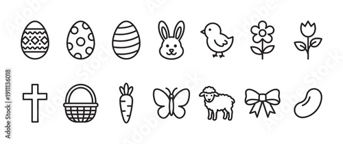 Set of black line art icons for Easter featuring a bunny, chick, lamb, eggs, cross, and flowers in a simple minimalist style for spring holiday celebration design