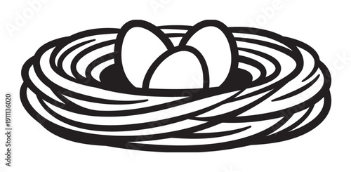 Black and white graphic illustration of a bird's nest holding three eggs, depicted in a simple, bold line art style symbolizing new life, family, and springtime