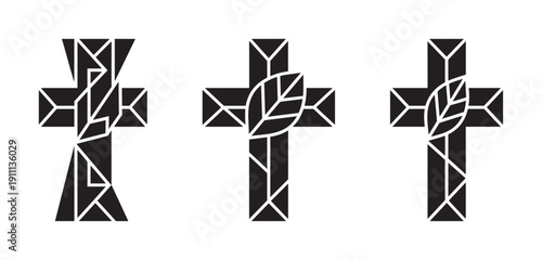 Three black Christian crosses with a modern geometric pattern and leaf motif, representing faith, nature, and spirituality in a minimalist graphic icon set for religious concepts