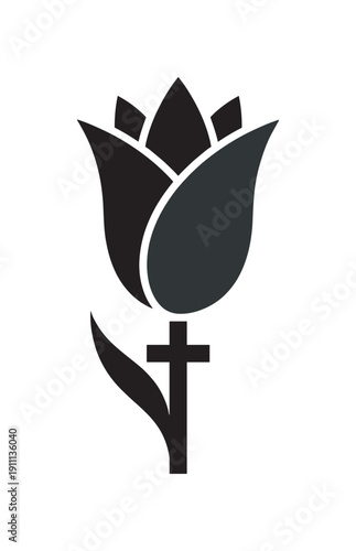 Black stylized memorial flower with a Christian cross for a stem, symbolizing grief, loss, and remembrance in a minimalist graphic icon design for a funeral or condolence