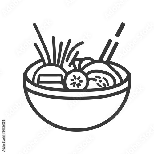 A monochrome illustration of a bowl filled with food and chopsticks
