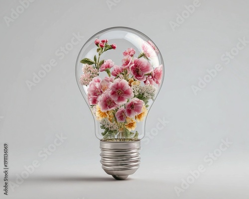 Light bulb with flowers inside creates a unique display of nature and design in a simple setting on a neutral background