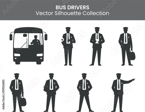 Silhouette illustrations of bus driver and conductor in various poses and actions showcasing different uniforms and accessories