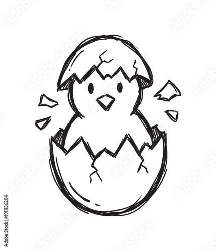 Cute baby chick hatching from a cracked egg in a hand-drawn black and white sketch style, a charming doodle illustration symbolizing new life, birth, and innocence
