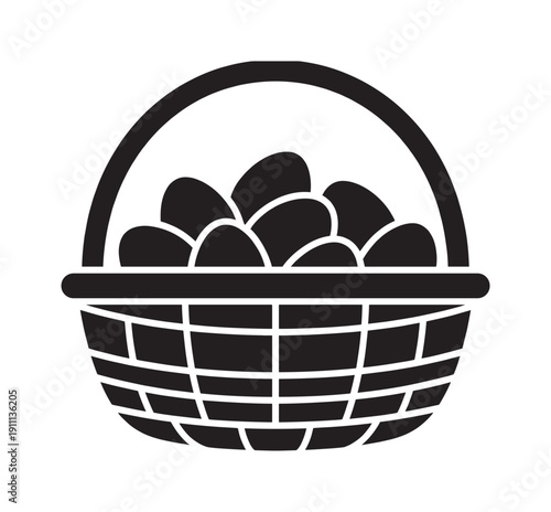 Woven wicker basket full of eggs icon presented in a simple black glyph style, a traditional symbol for Easter, farming, fresh food, or a bountiful harvest