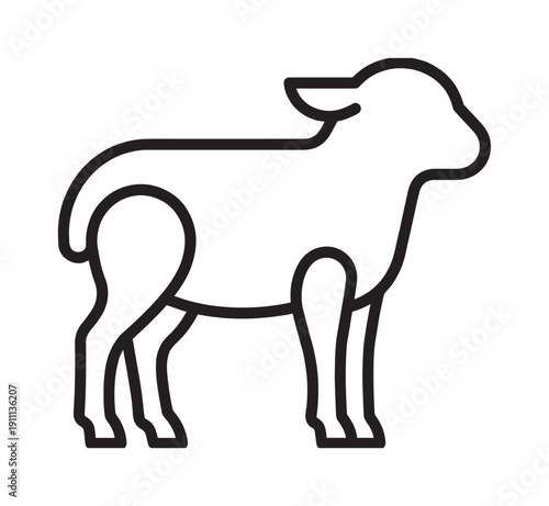 Black line art icon of a lamb standing in profile, a minimalist vector graphic representing innocence, sacrifice, agriculture, and religious symbolism for Easter and Christianity