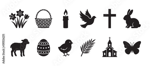 Collection of black Easter holiday icons featuring religious and secular symbols like the cross, lamb, bunny, and egg in a clean, minimalist graphic silhouette style for celebration