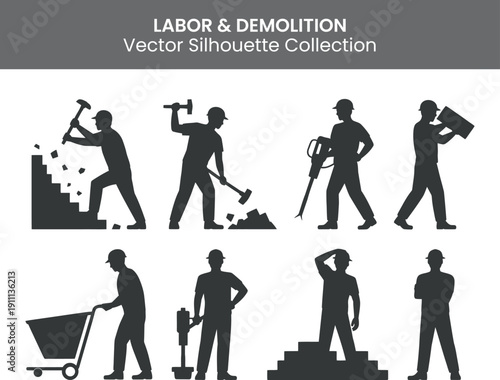 Construction workers in various poses and actions showcasing different tasks and roles on a building site with simple and modern silhouettes against a clean white background.