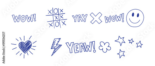 Playful hand drawn doodle text and symbol illustration set with wow lettering, stars, lightning and cute icons