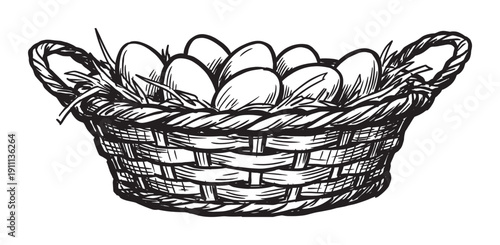 Hand-drawn wicker basket full of eggs resting on straw, depicted in a black and white sketch style with bold outlines and hatching for a rustic, vintage farming concept
