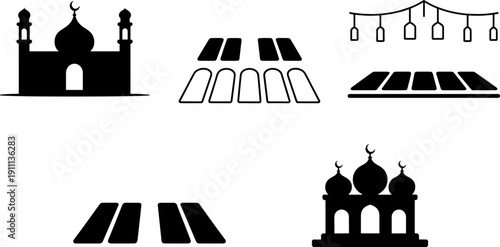 Islamic mosque prayer mat lantern icons, Ramadan Eid cultural illustration, religious worship symbol artwork, traditional heritage sketch, Muslim festival celebration design