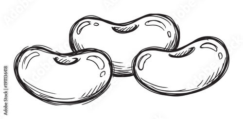 Three hand-drawn kidney beans in a sketchy black and white style, a simple monochrome illustration of healthy legumes for vegetarian and vegan diets, detailed line art drawing
