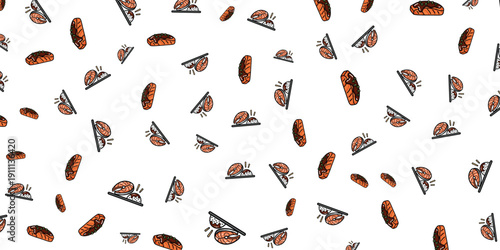Seamless pattern of hot dogs and buns with mustard and ketchup splatters