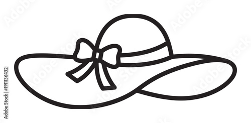 Woman's wide-brimmed sun hat with a ribbon and bow, depicted in a simple black and white line art illustration style for a minimalist and elegant look