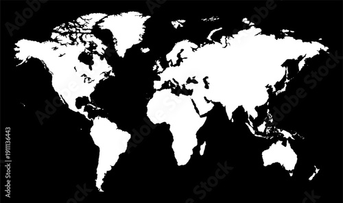 An abstract, minimalist, black and white world map. Global network connectivity, international interaction, a unified global space. Vector illustration.