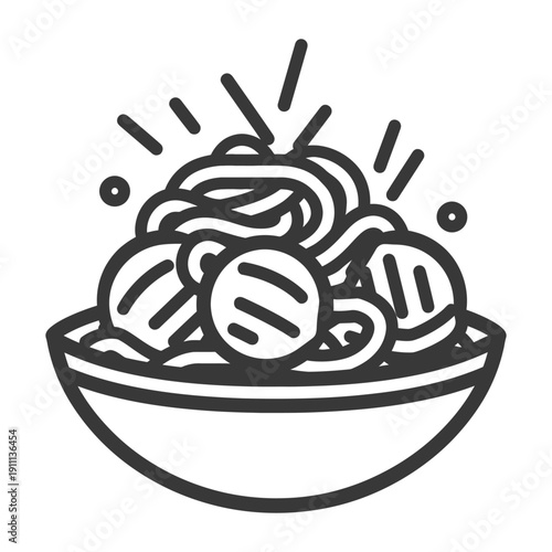 A bowl of pasta with round meatballs and garnish on display
