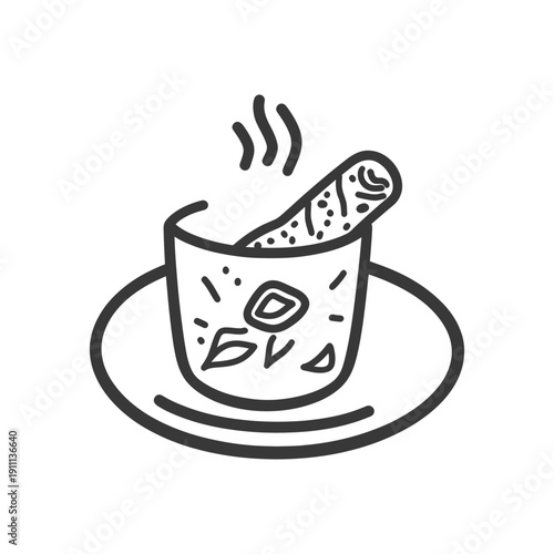 A drawing of a drink with food on a saucer is shown