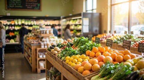 Customers are shopping in a local market filled with fresh fruits and vegetables during the daytime