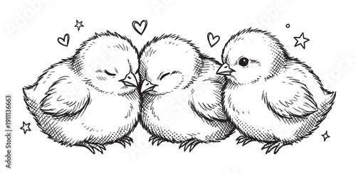 Three cute hand-drawn baby chicks huddled together in a sweet black and white sketch illustration with little hearts and stars, showing friendship and affection in a lovely doodle style