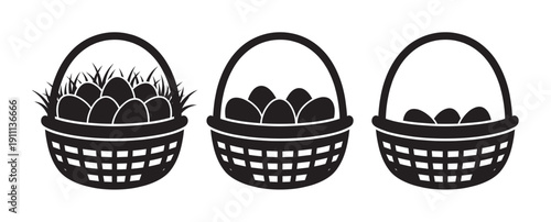 Three black silhouette wicker baskets filled with eggs and grass, showing a progression from full to nearly empty, presented as a simple graphic icon set for holiday concepts