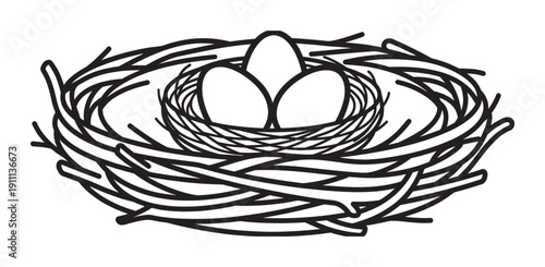 Bird's nest with three eggs depicted in a minimalist black and white line art style, a clean graphic symbol for nature, new beginnings, family, and security