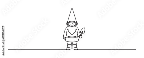 Garden gnome with a pointy hat and a long beard drawn in a continuous single line style, holding a small trowel in a minimalist black and white vector illustration