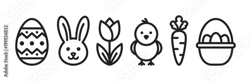 Set of black line art Easter icons featuring a decorated egg, bunny, tulip, chick, carrot, and basket arranged in a row for a spring holiday celebration graphic design