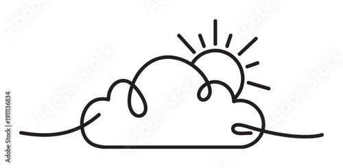 Continuous single line drawing of a sun peeking from behind a cloud in a minimalist doodle style, symbolizing a partly cloudy weather forecast and a hopeful outlook