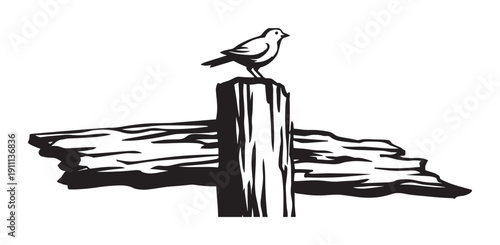Small bird perched on a rustic wooden cross in a simple black and white graphic illustration, a minimalist high-contrast linocut style design representing faith and nature