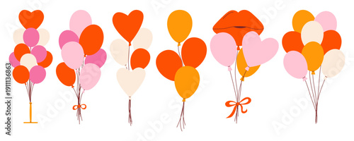 Festive bunch of balloons collection with heart shaped, round, lip shaped. Modern retro flat vector minimalist illustration set for birthday party, romantic event, celebration, poster or sticker