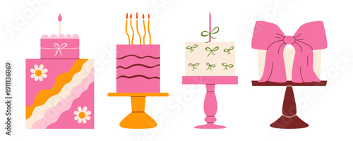 Festive birthday cake set with pink tiered cakes with candles, floral patterns, large bow and ribbons. Modern retro flat vector minimalist illustration for girls party invitation, celebration decor