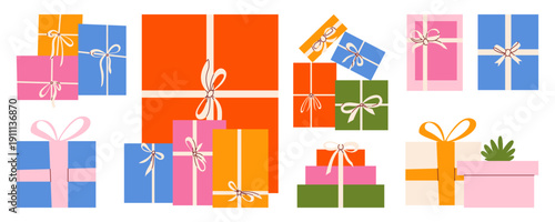 Gift box collection with various colorful presents with bows and ribbons. Modern retro flat vector minimalist illustration set for birthday party, holiday celebration, surprise event, poster