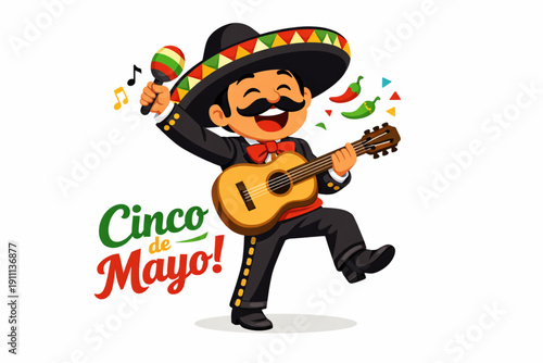 A cartoon mariachi man in a sombrero plays guitar and celebrates Cinco de Mayo with maracas and colorful confetti