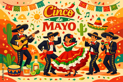 A vibrant illustration of a Cinco de Mayo celebration with people dancing and playing music