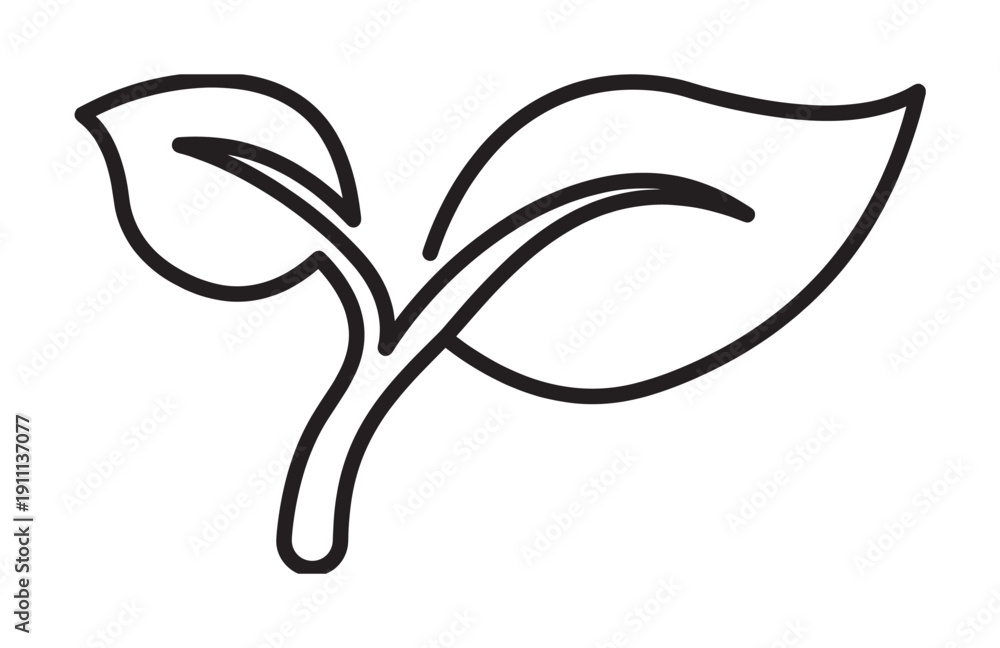 Fototapeta premium Simple black outline drawing of a young plant sprout with two leaves, a minimalist icon for concepts like nature, growth, organic products, and environmental care