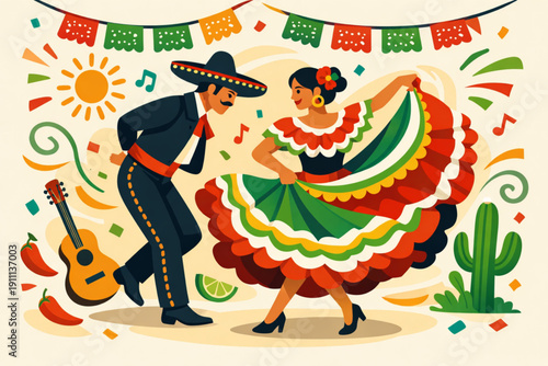 A vibrant illustration of a man and woman dancing together in traditional Mexican attire during a Cinco de Mayo celebration