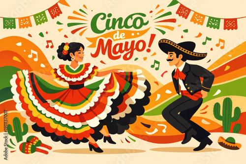 A vibrant illustration of a man and woman dancing together in traditional Mexican attire during a Cinco de Mayo celebration