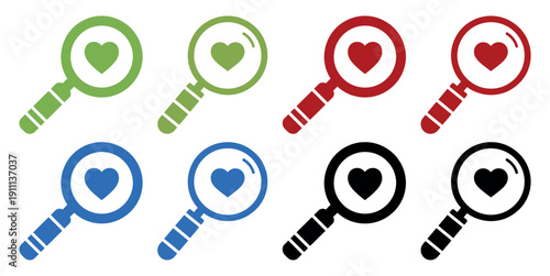 Colorful magnifying glass heart icon search love symbol  vector illustration set