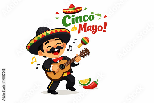 A cartoon mariachi man in a sombrero plays guitar and celebrates Cinco de Mayo with maracas and colorful confetti