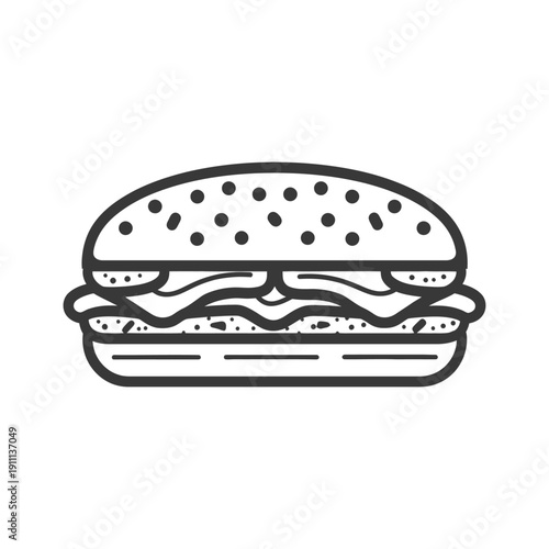 A black and white drawing of a stacked burger