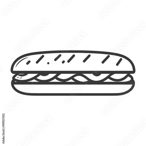 A simple black and white illustration of a delicious submarine sandwich