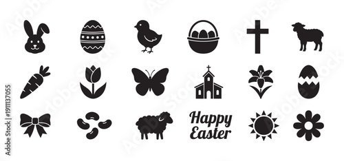 Collection of black Easter holiday icons featuring a bunny, egg, chick, cross, lamb, and church symbols in a simple flat glyph style for spring celebration design